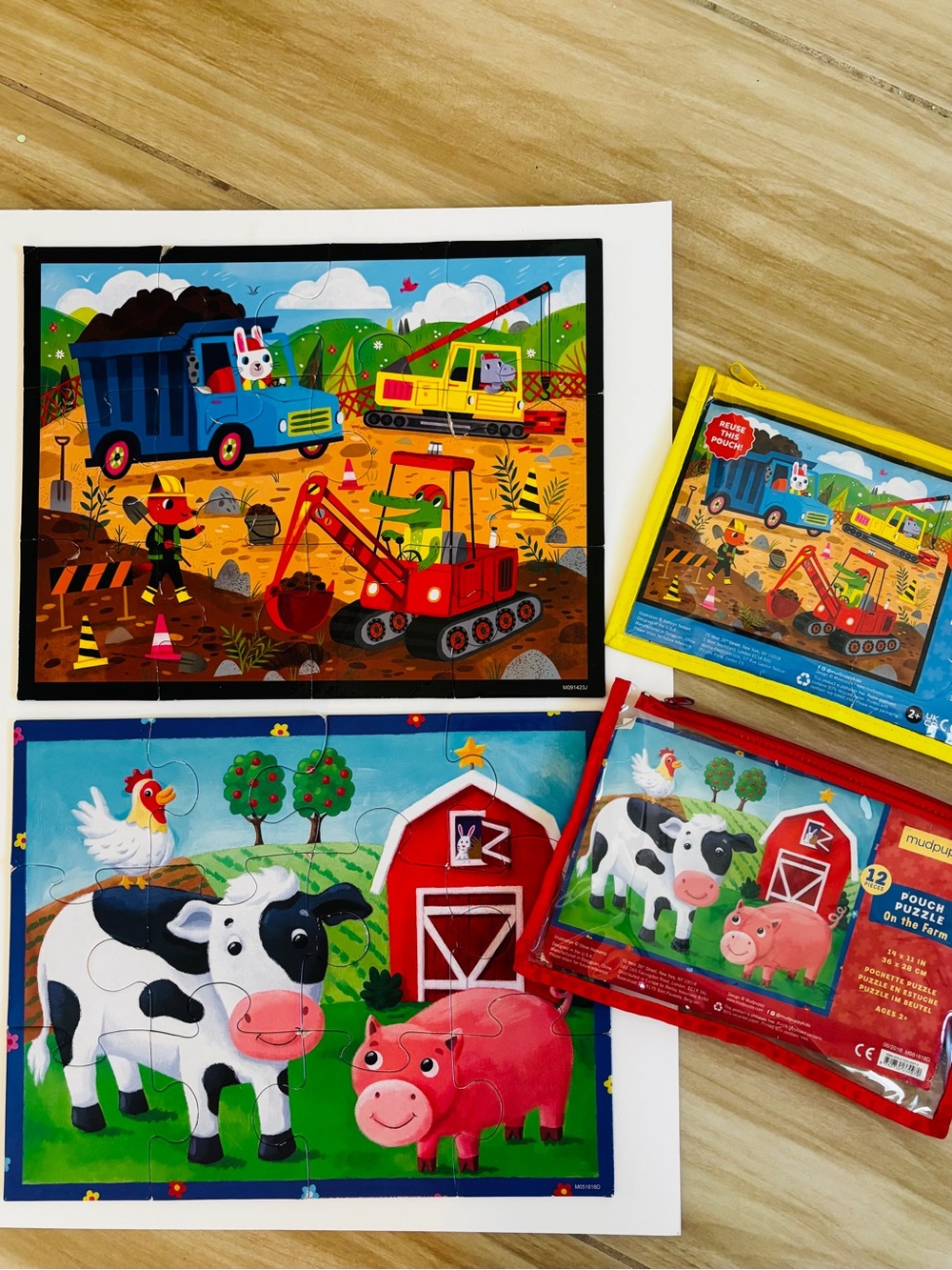 Kids Farm & Construction Pouch Puzzle Set - Red, Blue, 12 Pieces Each